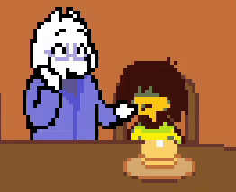 Toriel grabbing Kris's cheek with a silly expression
